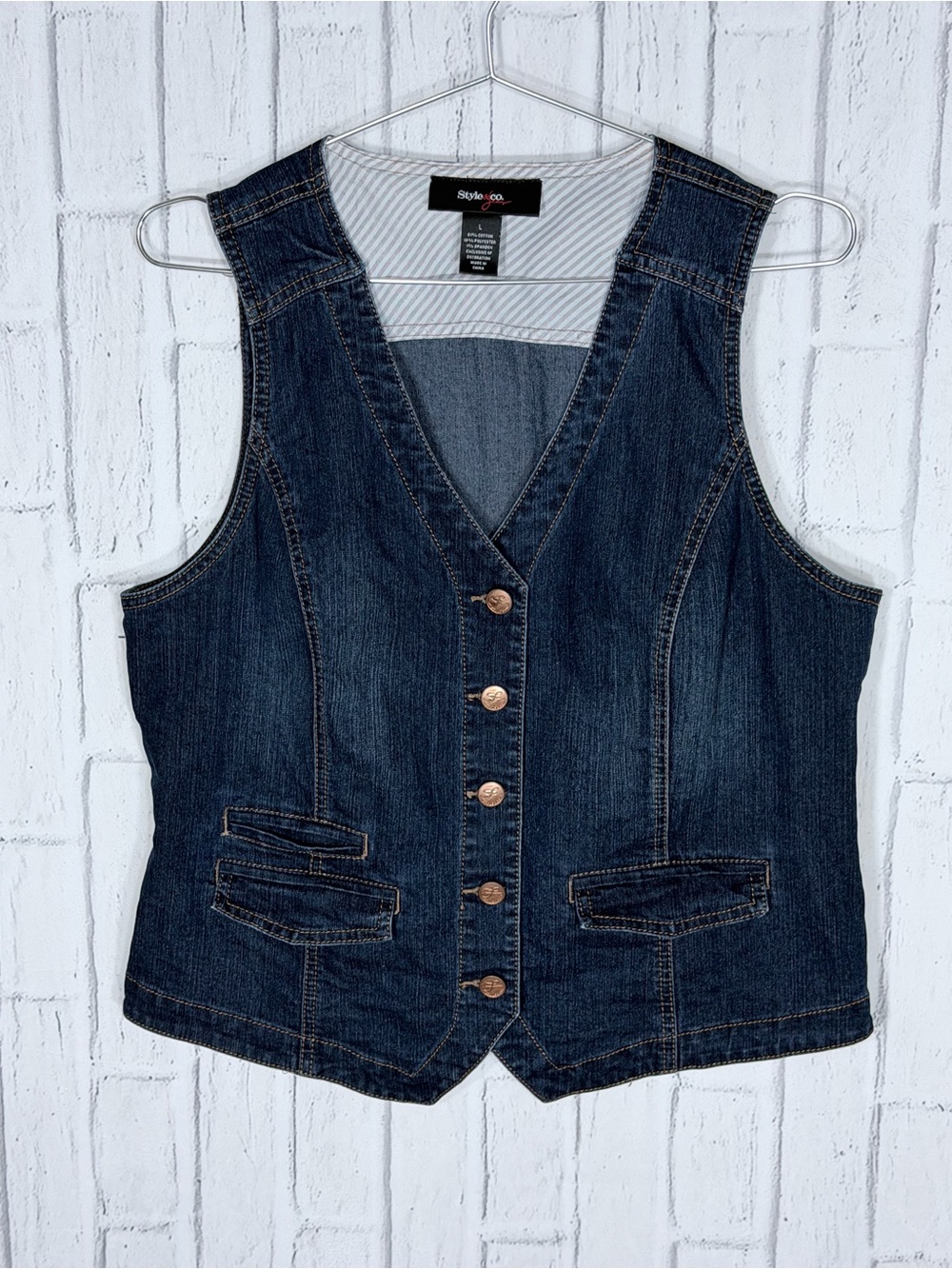 👖 Style & Co. Dark Wash Stretch Denim Vest Size Large Western Y2K - Picture 2 of 7